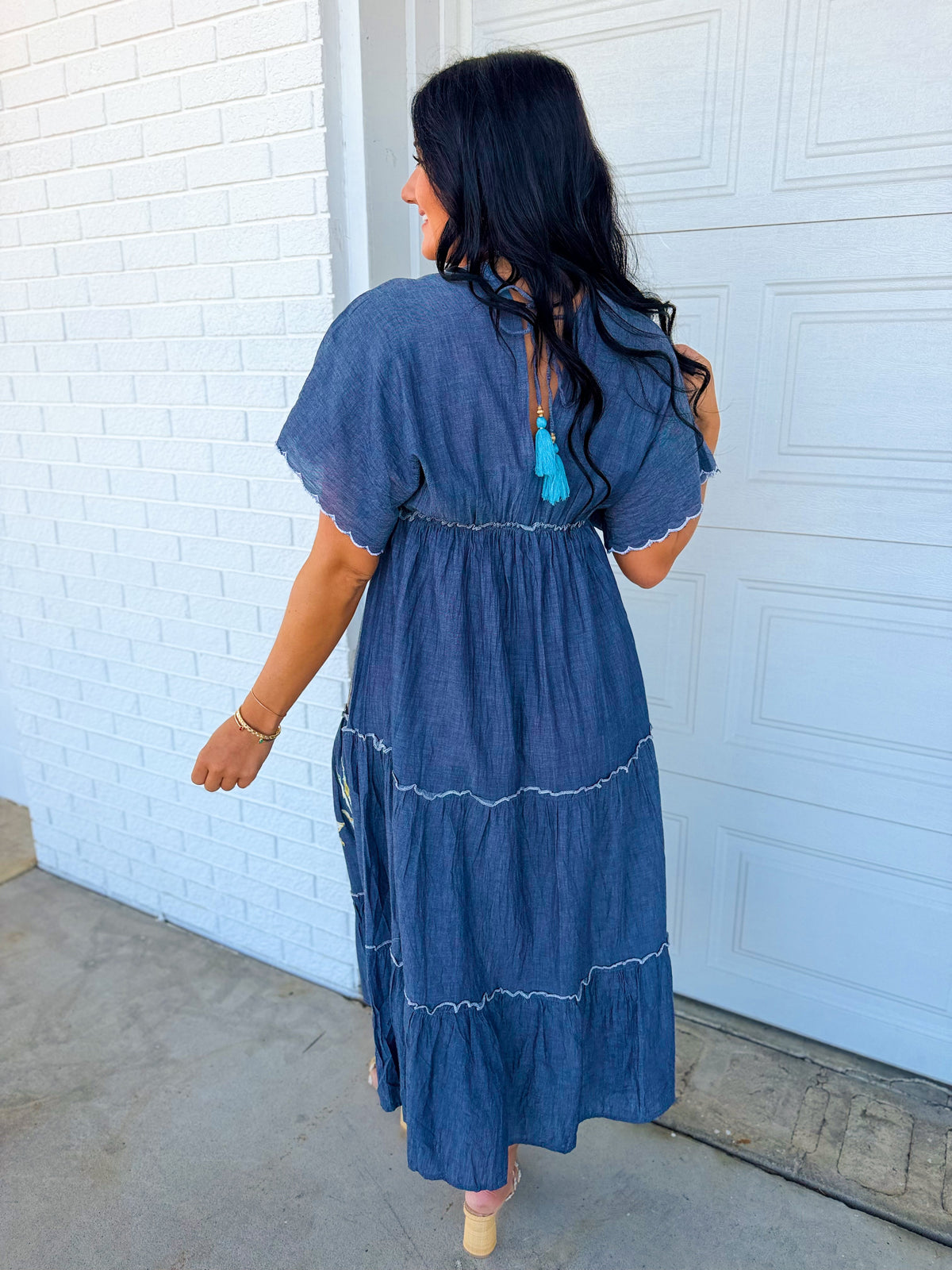 POL Floral Embroidered Chambray Maxi Dress — Denim Blue
