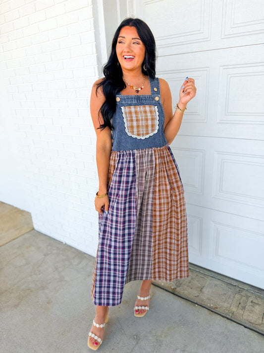 Mixed Plaid Denim Overall Maxi Dress - Multicolour