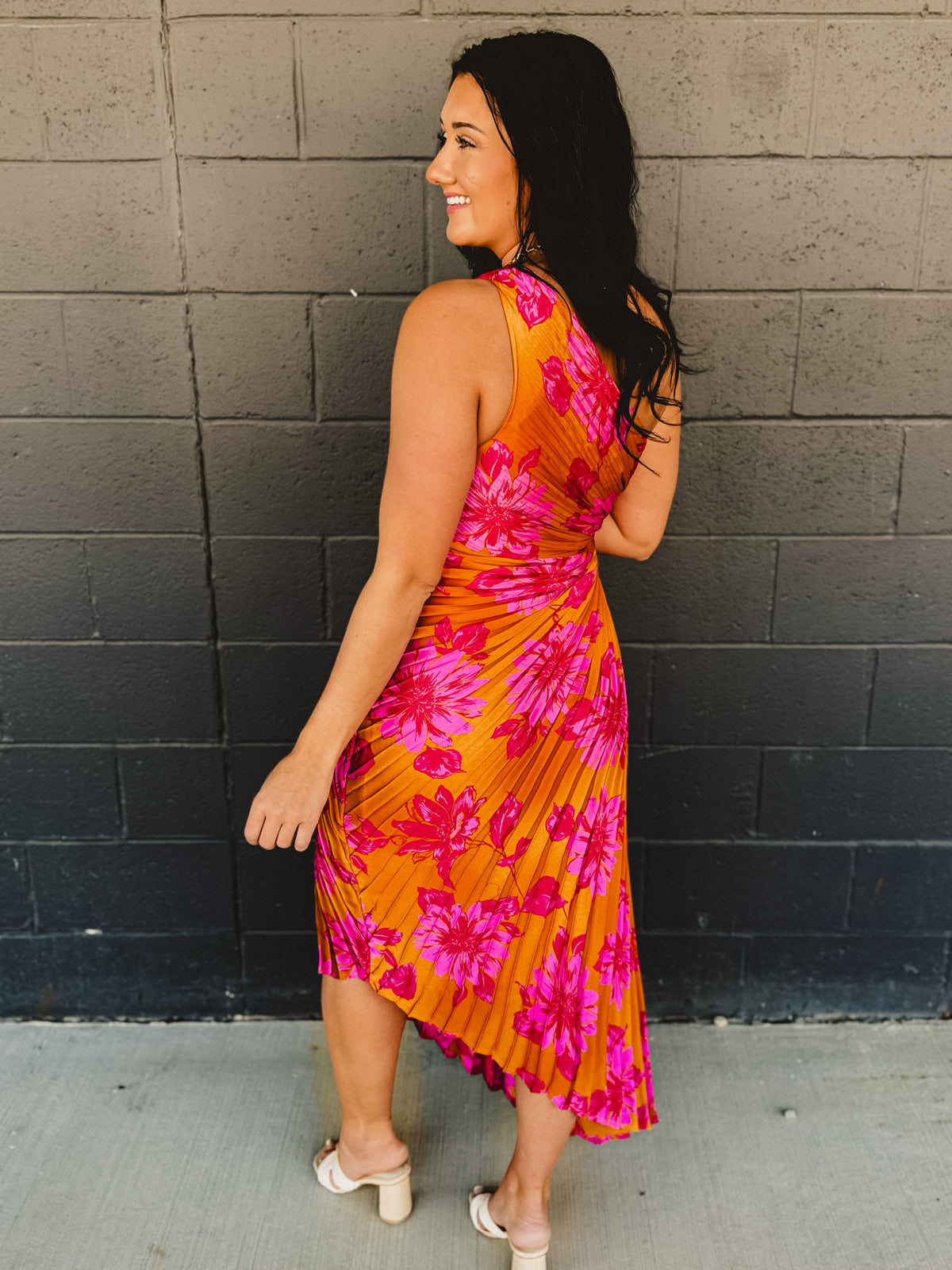 One Shoulder Asymmetrical Pleated Maxi Dress - Hibiscus Mango