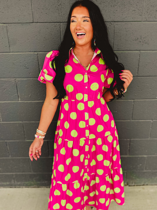 Polka Dot Cotton Poplin Button Up Maxi Dress - Hot Pink/Green