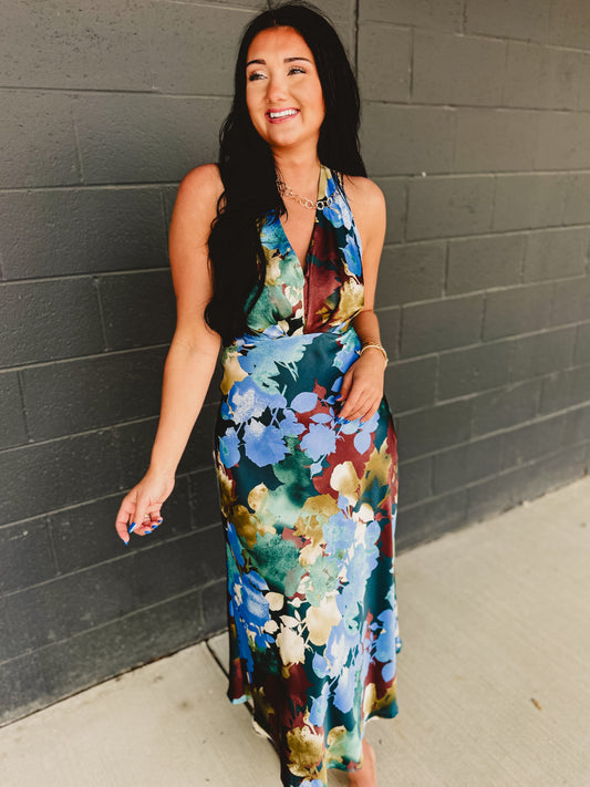 Floral Satin Halter Neck Midi Dress - Blue Multi