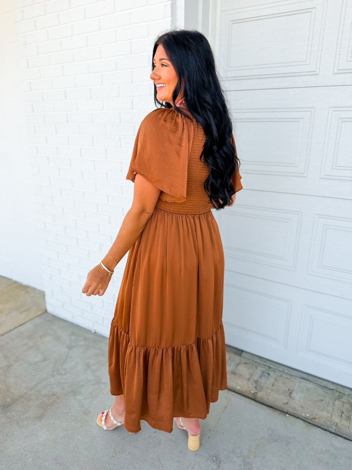 Smocked Washed Satin Tiered Maxi Dress - Sepia