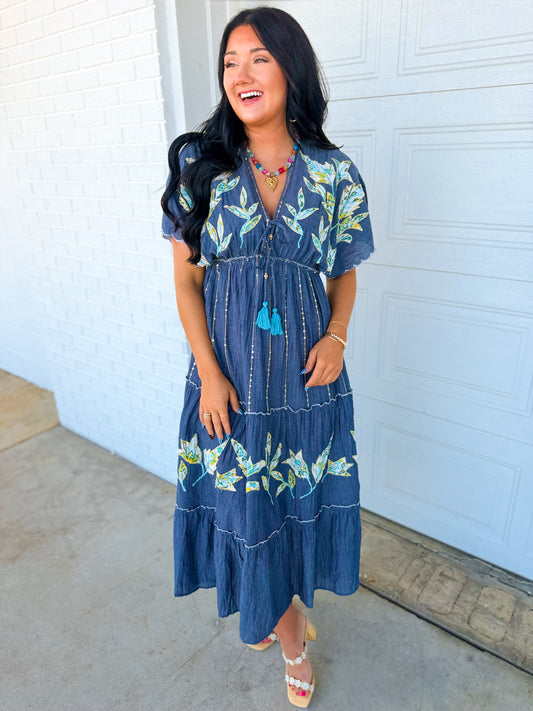 POL Floral Embroidered Chambray Maxi Dress — Denim Blue