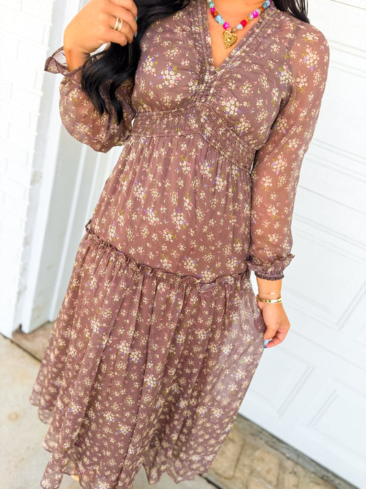 Smocked Floral Ruffle Detail Maxi Dress - Chestnut