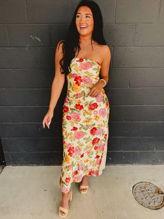 Strapless Bias Cut Satin Maxi Dress - Garden Multi
