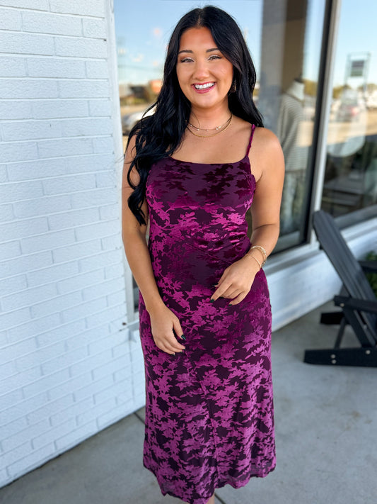 Burnout Velvet Spaghetti Strap Midi Dress - Burgundy