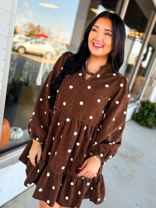 Pom-Pom Dot Corduroy Tiered Mini Dress - Chocolate