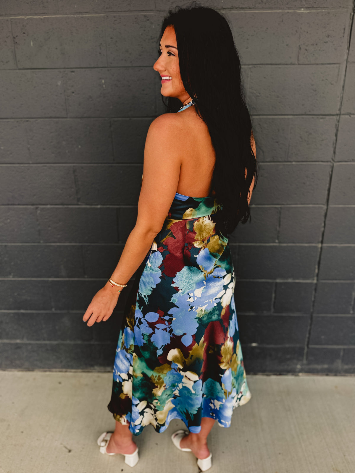 Floral Satin Halter Neck Midi Dress - Blue Multi