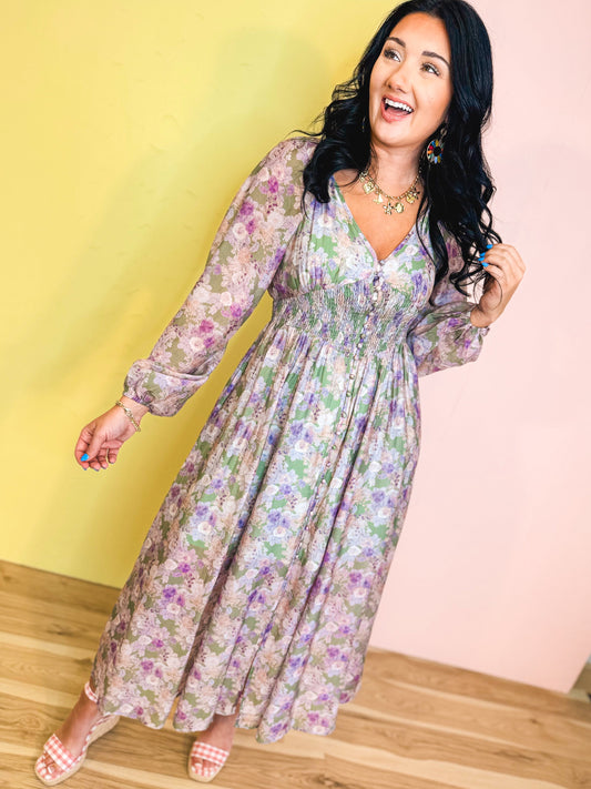 Tencel Floral Smocked Button Down Maxi Dress - Eucalyptus