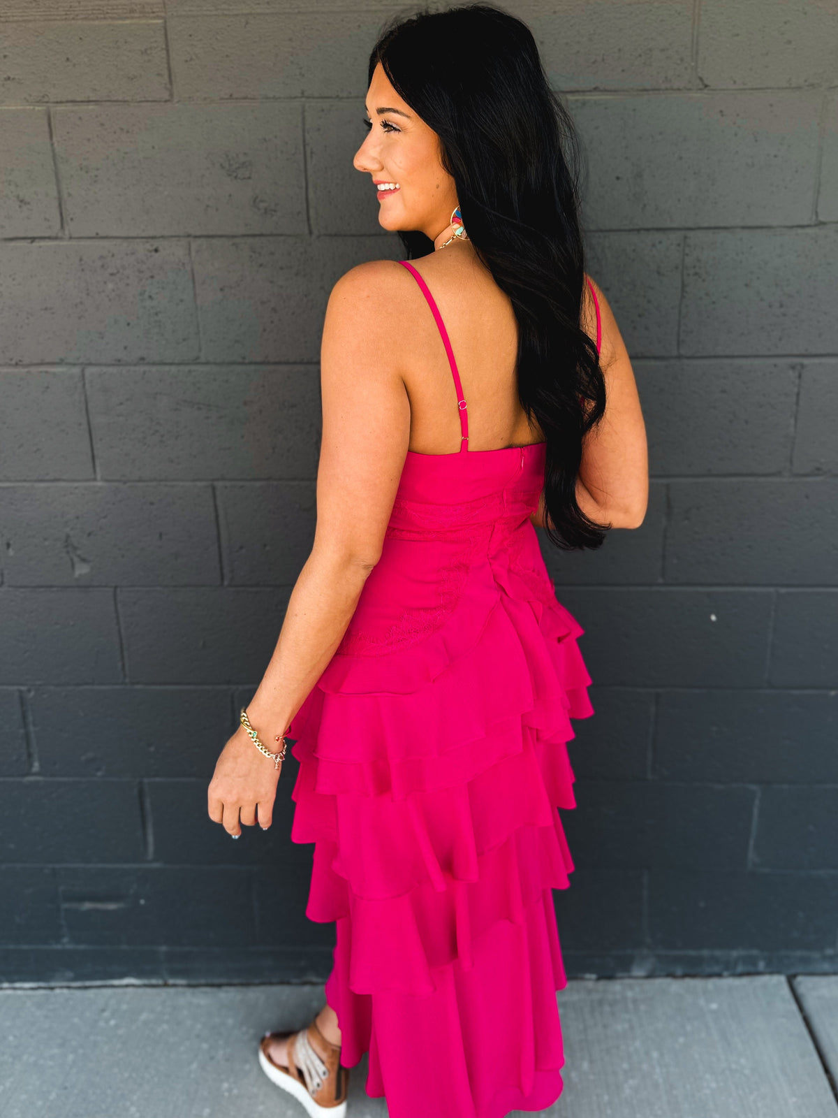 Lace Trim Tiered Midi Dress - Hot Pink