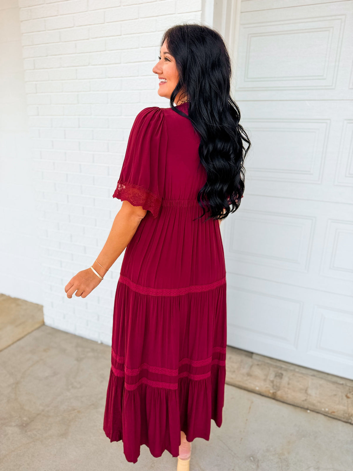 Lace Trim Front Tie Tiered Maxi Dress - Bordeaux