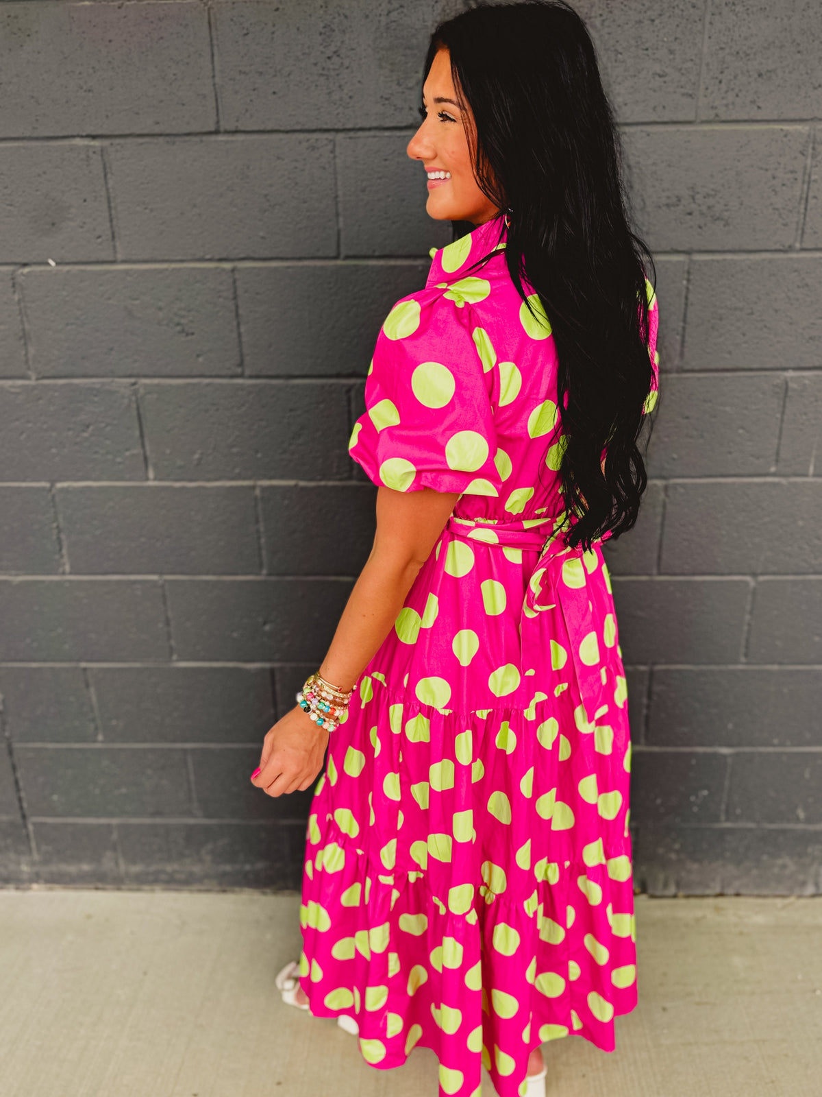 Polka Dot Cotton Poplin Button Up Maxi Dress - Hot Pink/Green