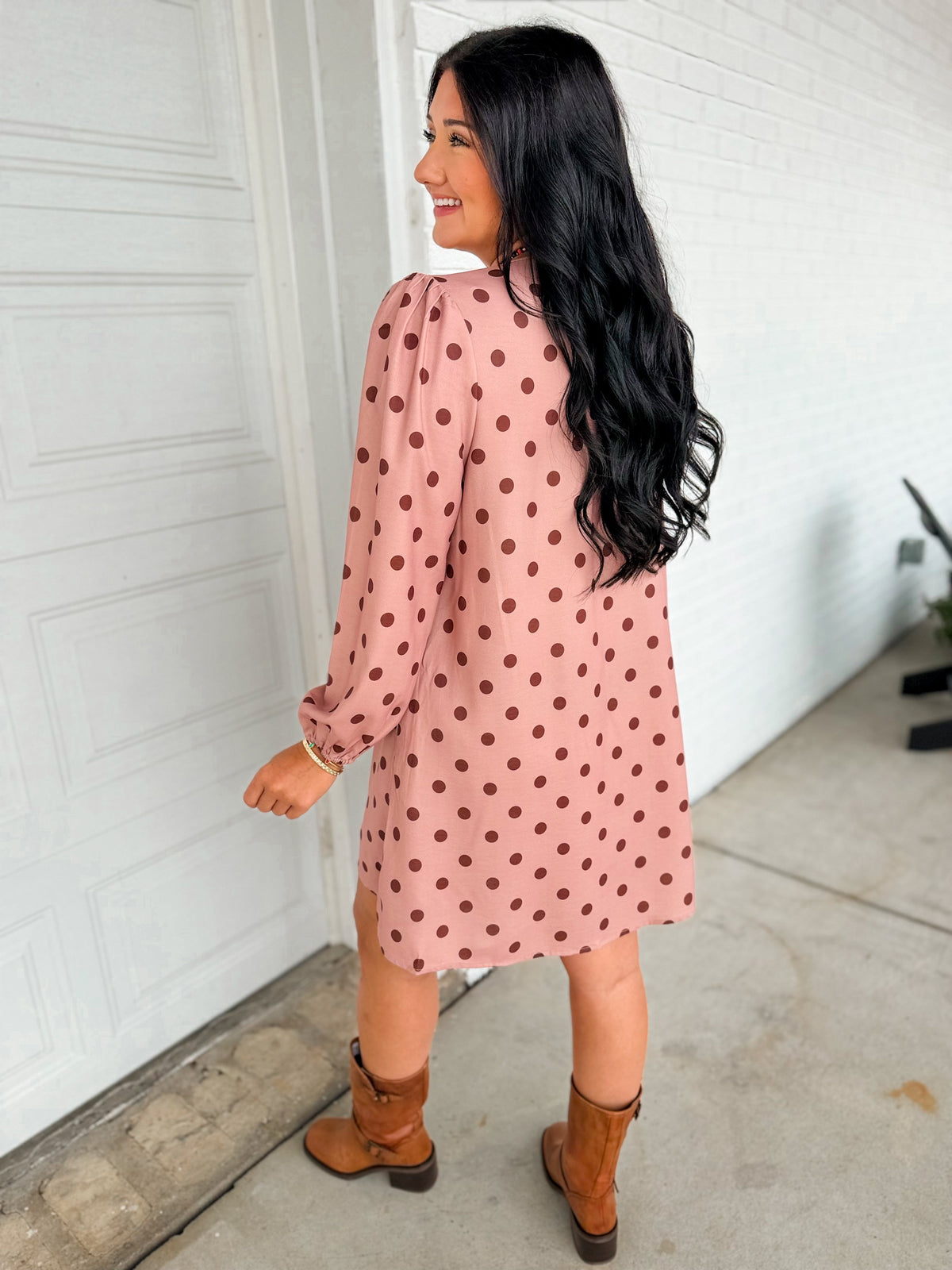 Polka Dot Pleated Long Sleeve Mini Shift Dress - Sienna