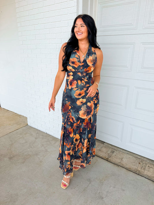 Floral Printed Chiffon Halter Maxi Dress - Midnight Teal