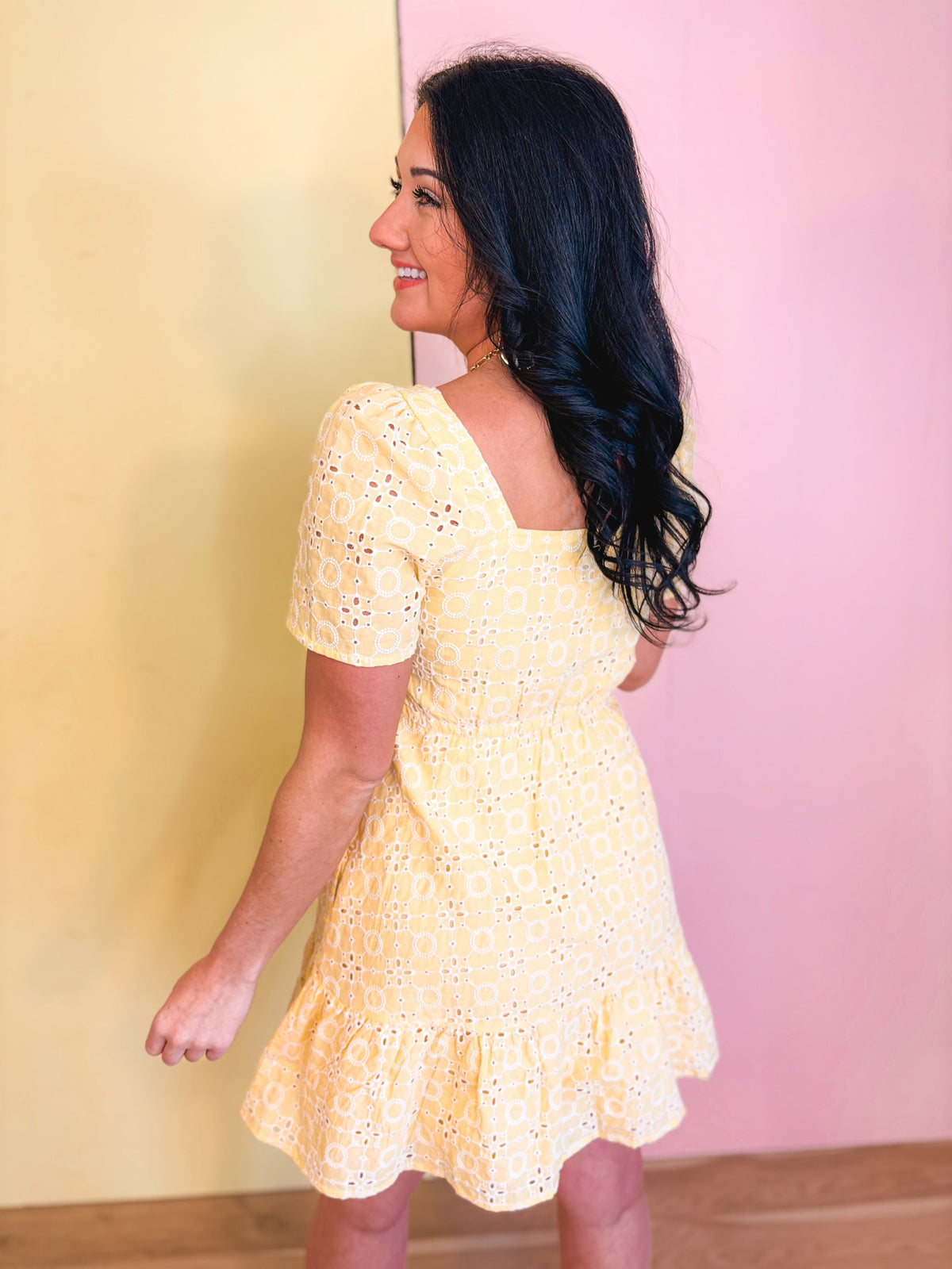 Eyelet Embroidered Shift Mini Dress - Sunwashed Lemon