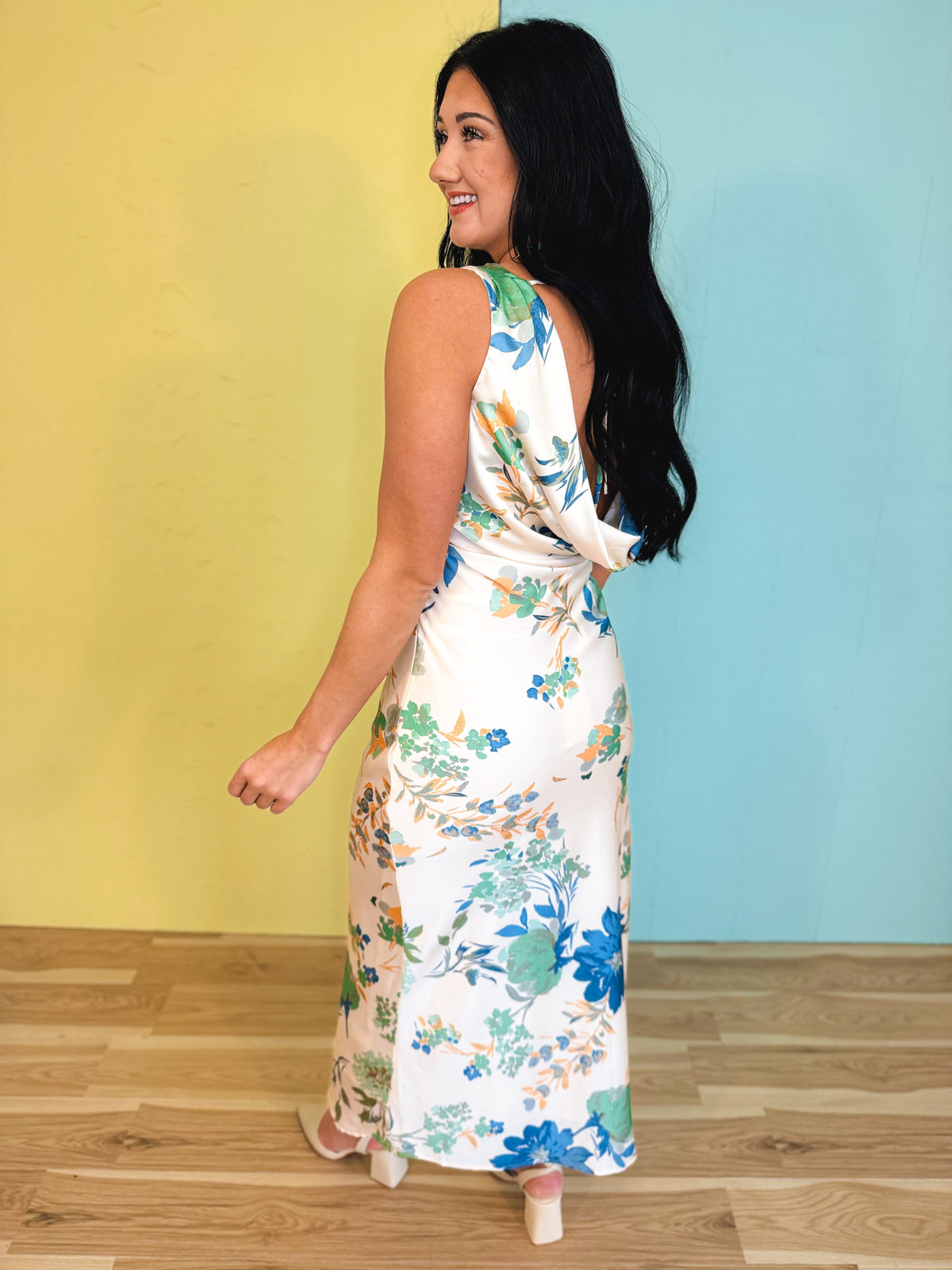 Floral Satin Bias-Cut Cowl Back Maxi Dress - Cream