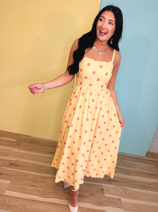 Polka Dot Woven Midi Dress - Light Yellow