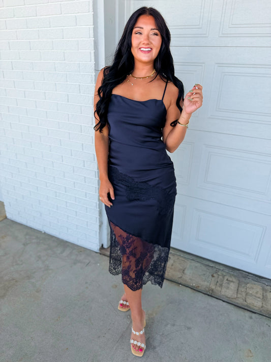Asymmetrical Lace Trim Slip Midi Dress - Midnight Navy
