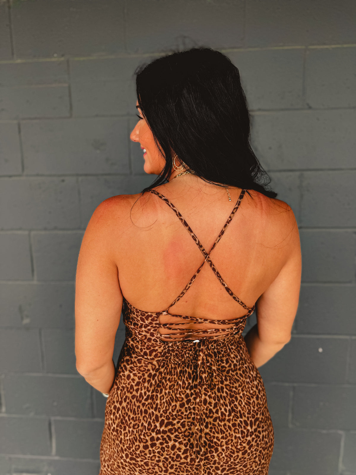 Leopard Print Criss Cross Maxi Dress - Mocha Mousse