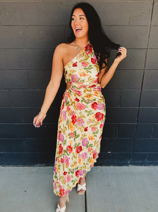 One Shoulder Asymmetrical Pleated Maxi Dress - Garden Multi