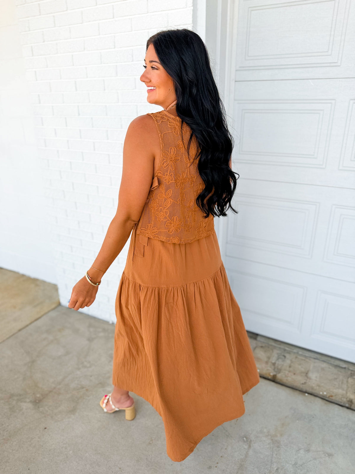Embroidered Lace Vest & Midi Dress Set - Brown