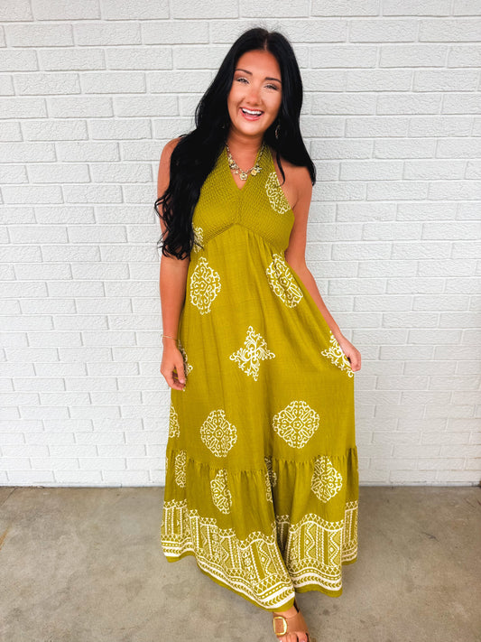 Smocked Border Print Maxi Dress - Olive Palm