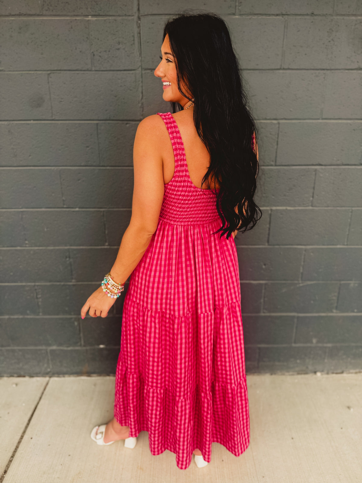 Gingham Smocked Bodice Tiered Maxi Dress - Fuchsia Multi