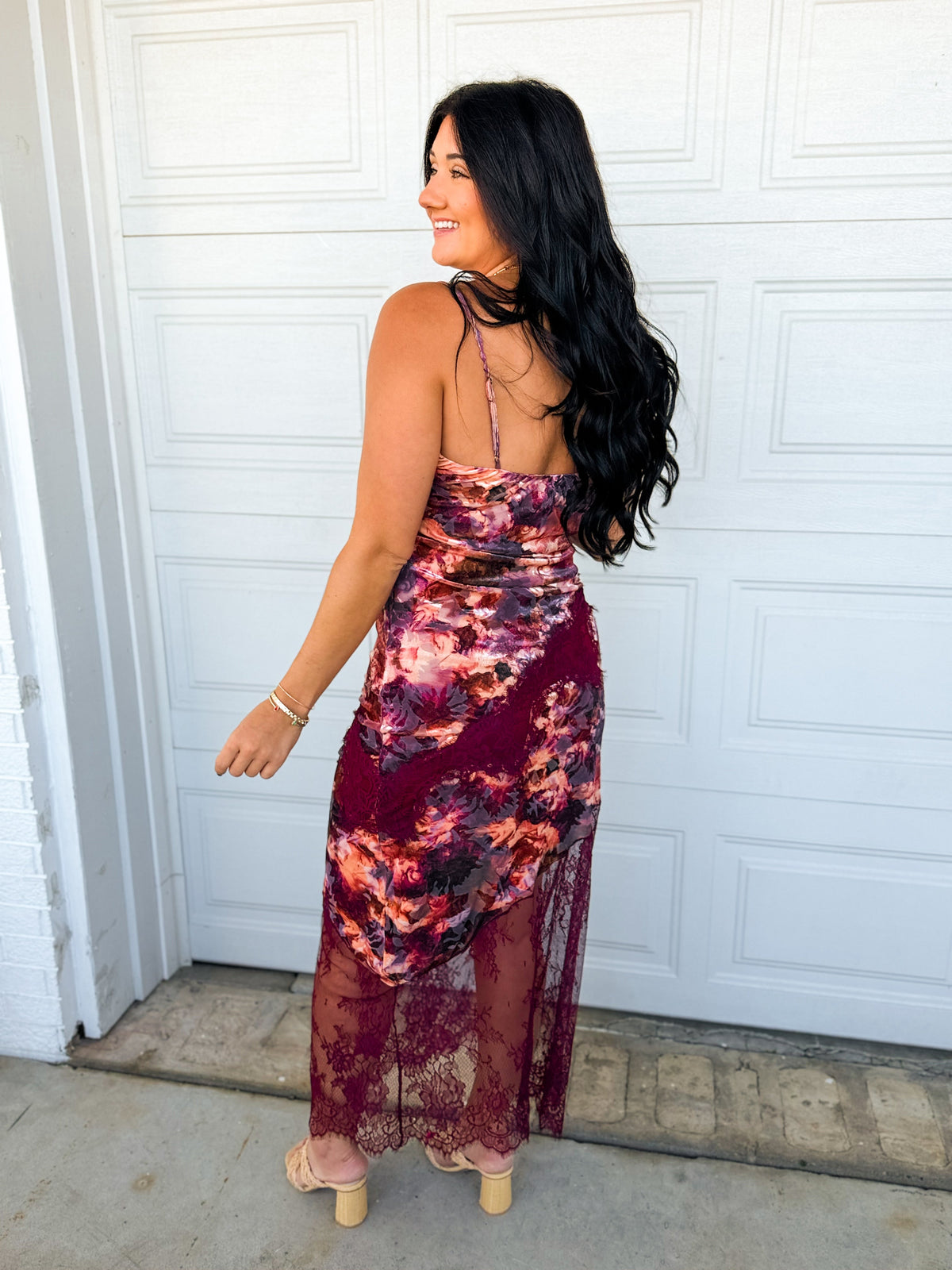 Floral Velvet Lace Trim Maxi Dress - Plum