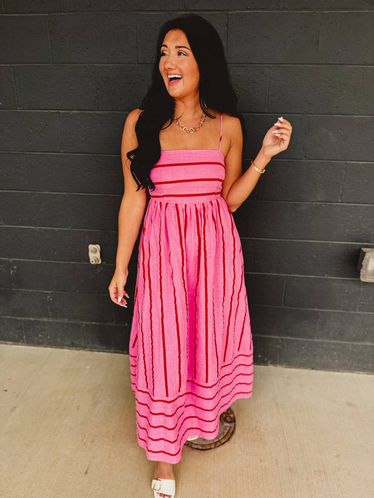 Striped Woven Cotton Flare Midi Dress - Pink Multi