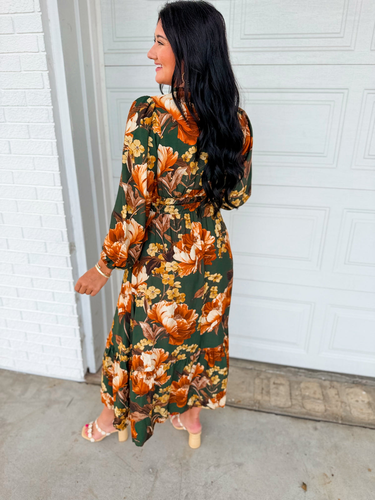 Smocked Floral Printed Long Sleeve Midi Dress - Green Multi
