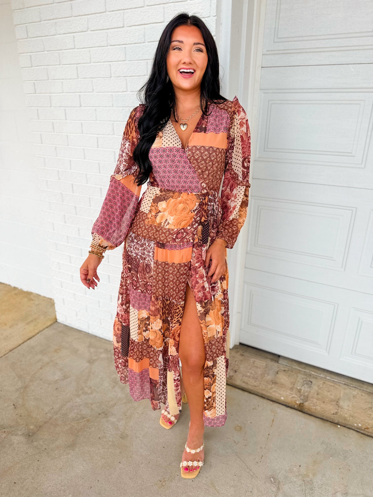 Multi Print Patchwork Wrap Maxi Dress - Sangria