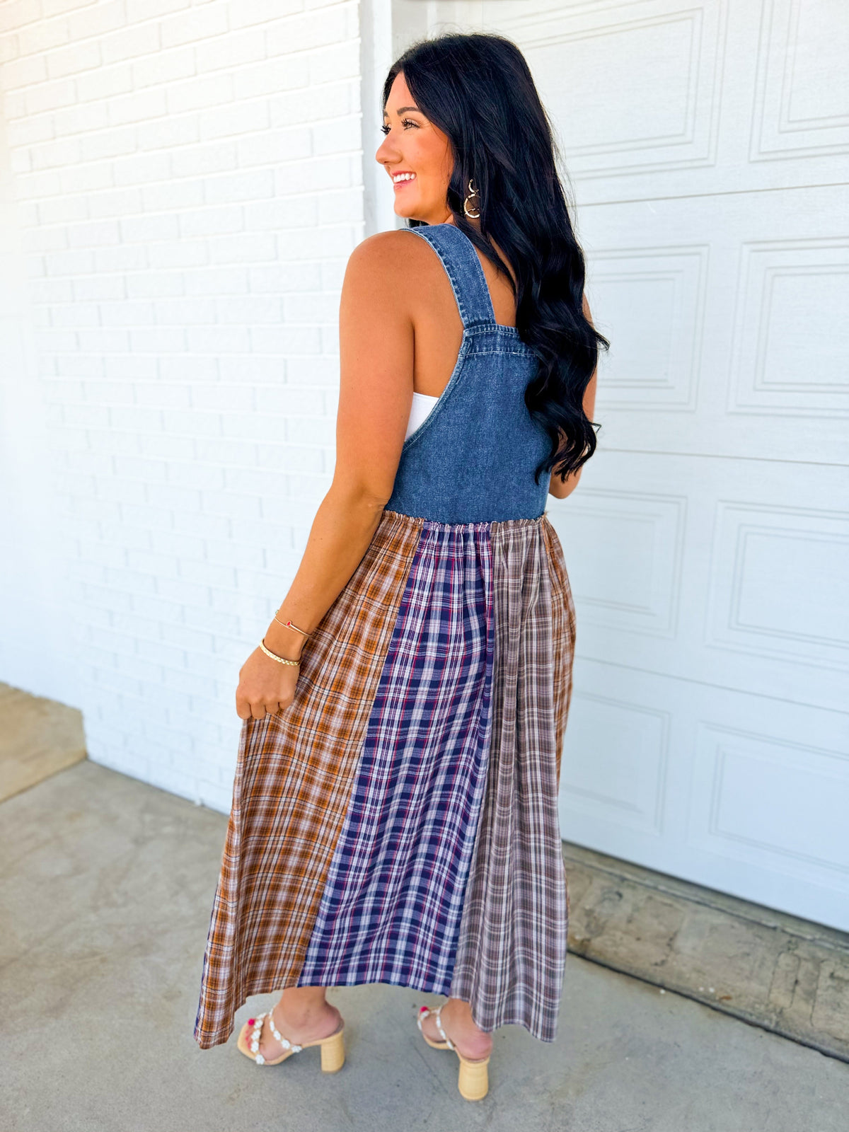 Mixed Plaid Denim Overall Maxi Dress - Multicolour