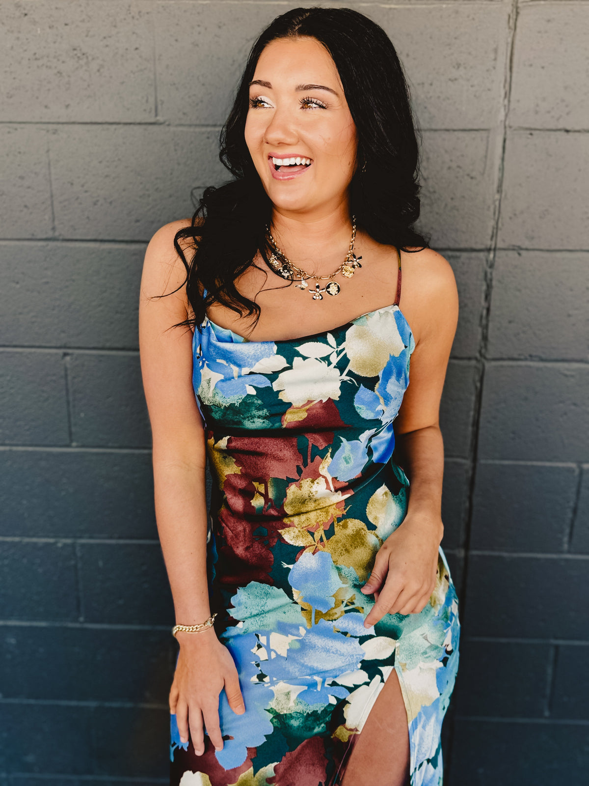 Floral Satin Slip Maxi Dress - Blue Multi