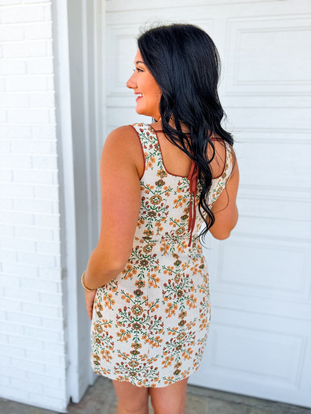Vintage Floral Tapestry Printed Mini Dress - Cream