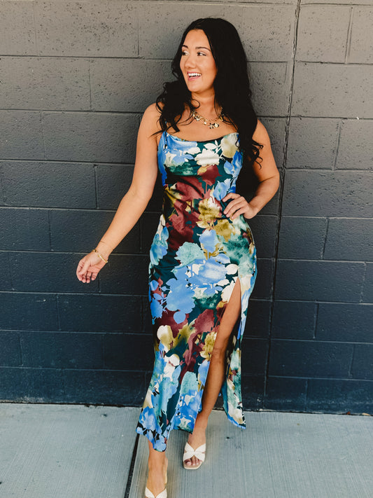 Floral Satin Slip Maxi Dress - Blue Multi