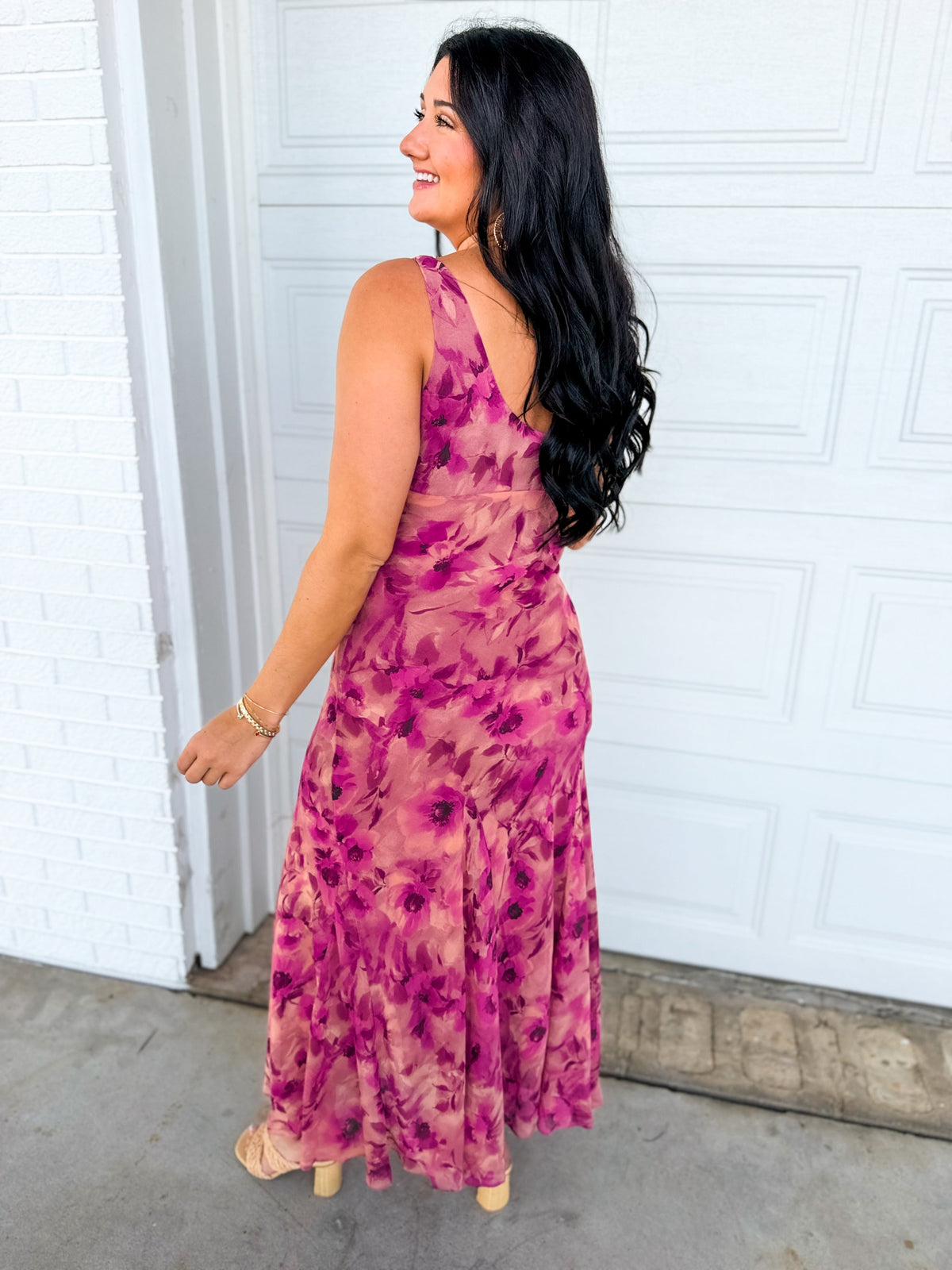Soft Florals Printed Cowl Neck Maxi Dress - Sangria Bloom