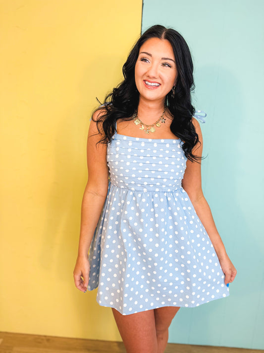 Polka Dot Pleated Mini Dress - Sky/White