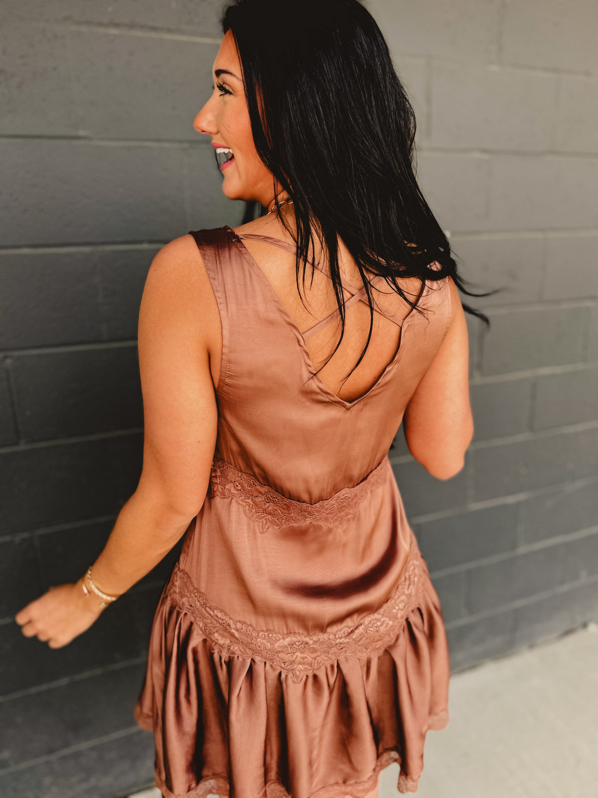 Satin Slip Lace Trim Babydoll Mini Dress - Mocha