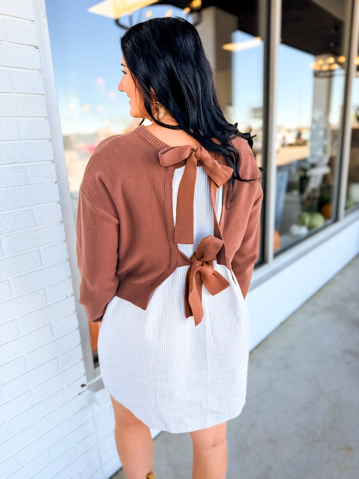 Sweater Back Tie Striped Twofer Mini Dress - Brown