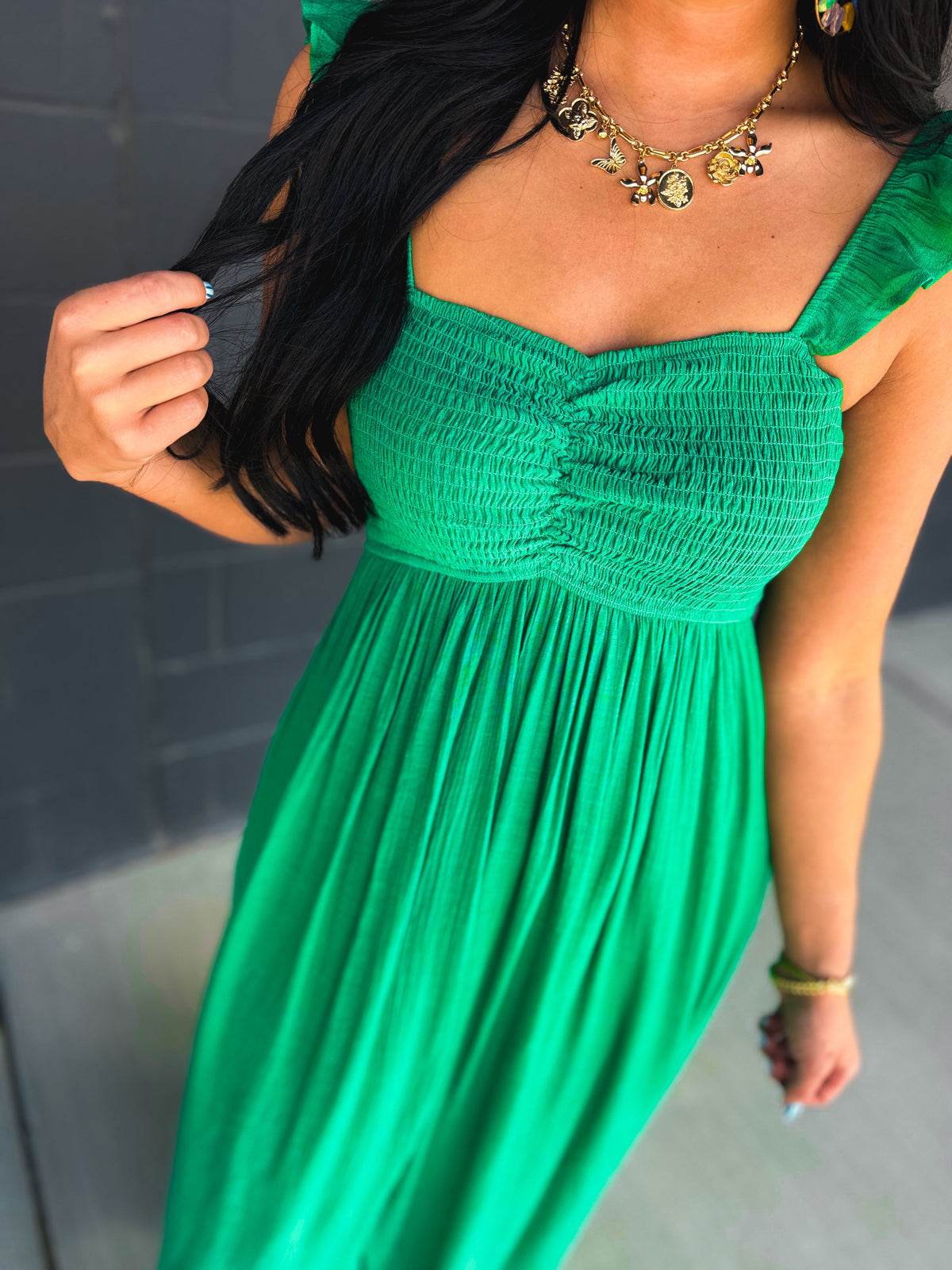 Ruffle Sleeve Front Slit Maxi Dress - Green