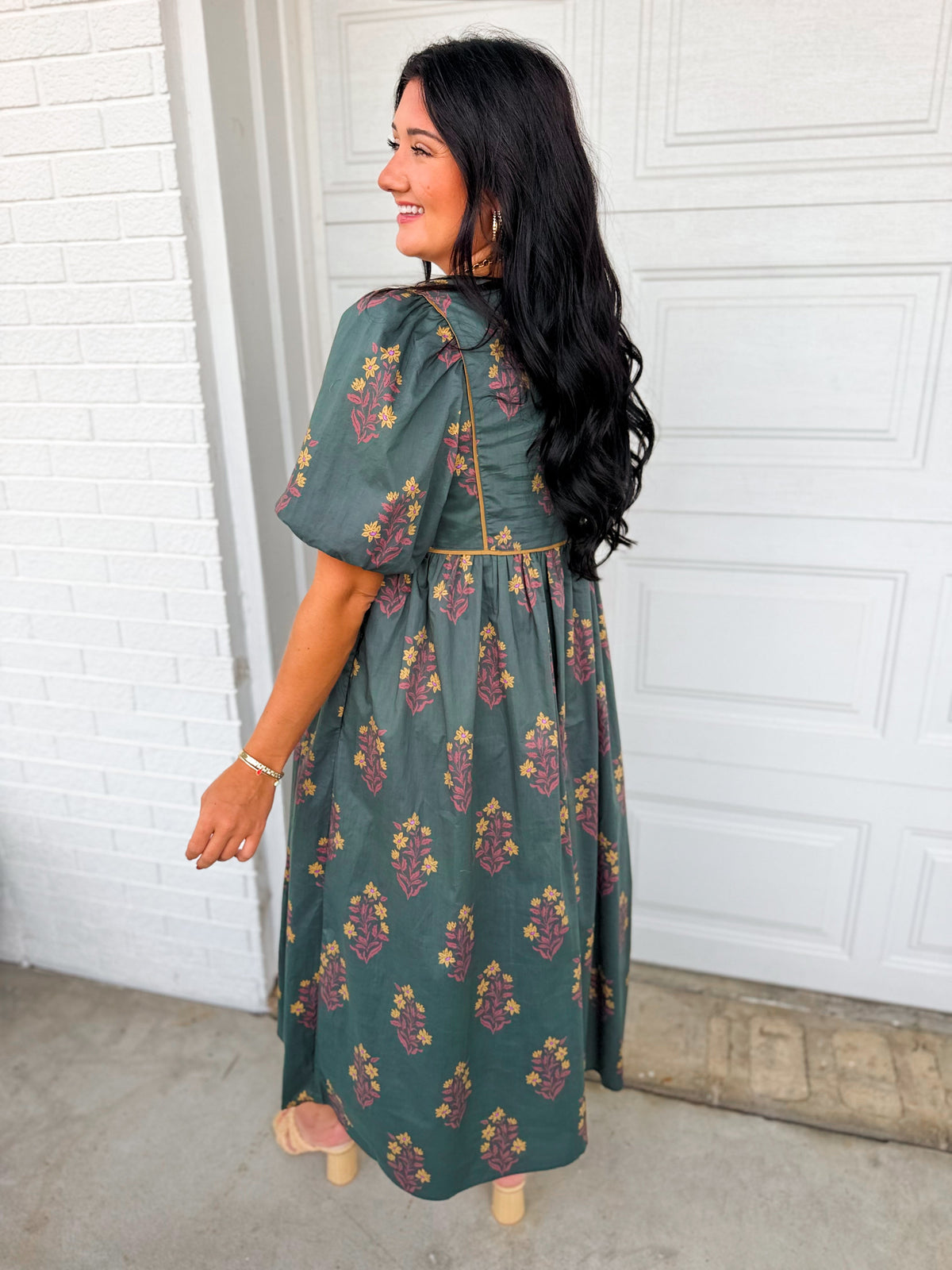 Floral Contrast Trim Puff Sleeve Maxi Dress - Dark Forest Green