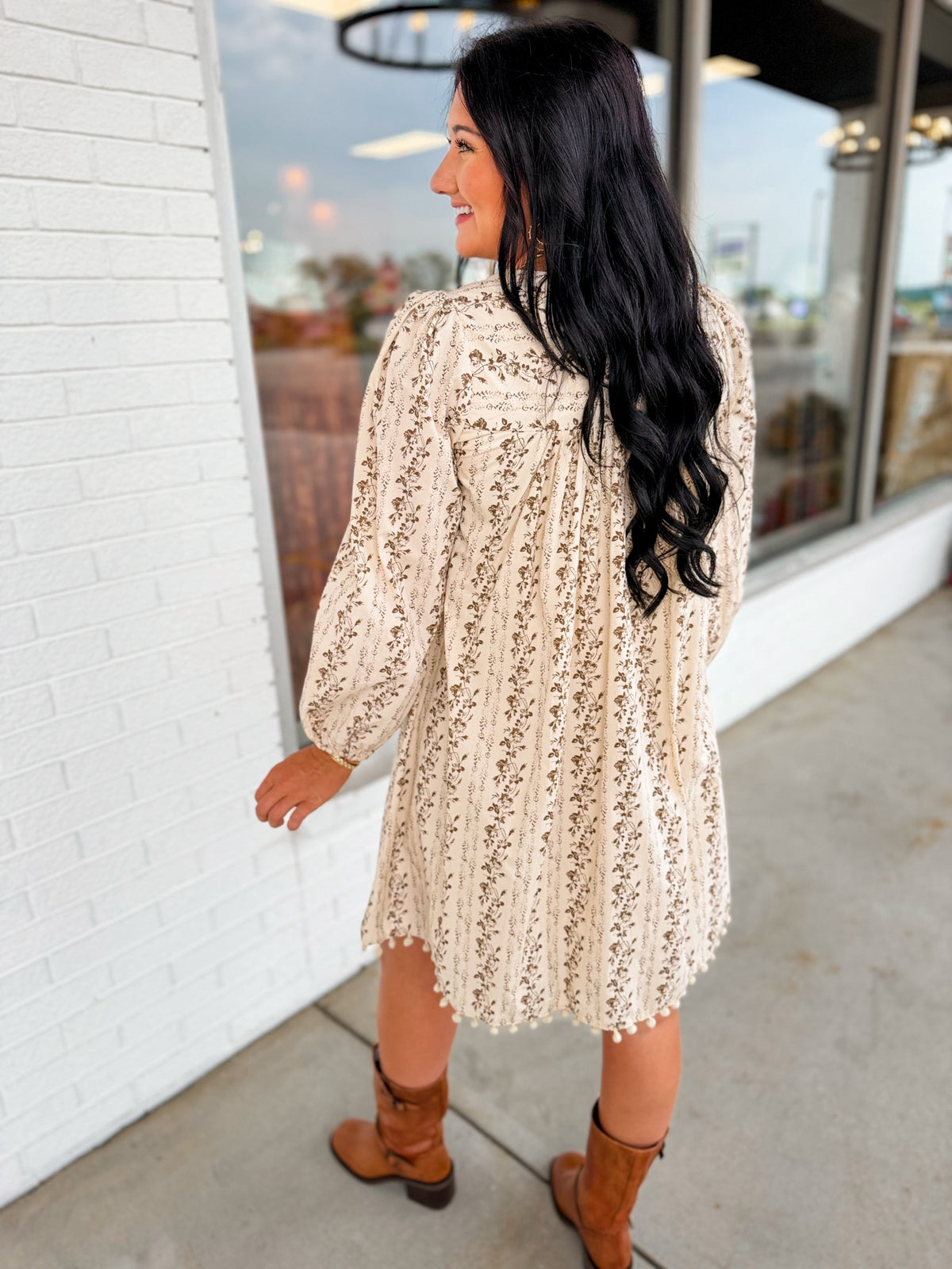 Floral Print Pom-Pom Trimmed Mini Dress - Cream/Brown