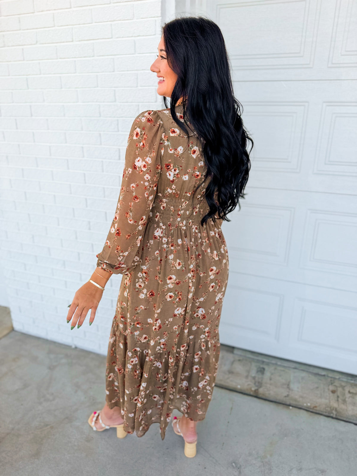 Romantic Floral Smocked Button Down Maxi Dress - Dusted Olive