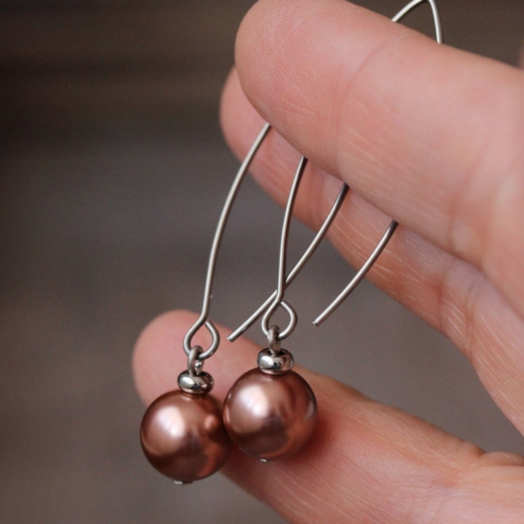 Bronze-Toned Pearl Drop Earrings with Silver Fish Hook Wire