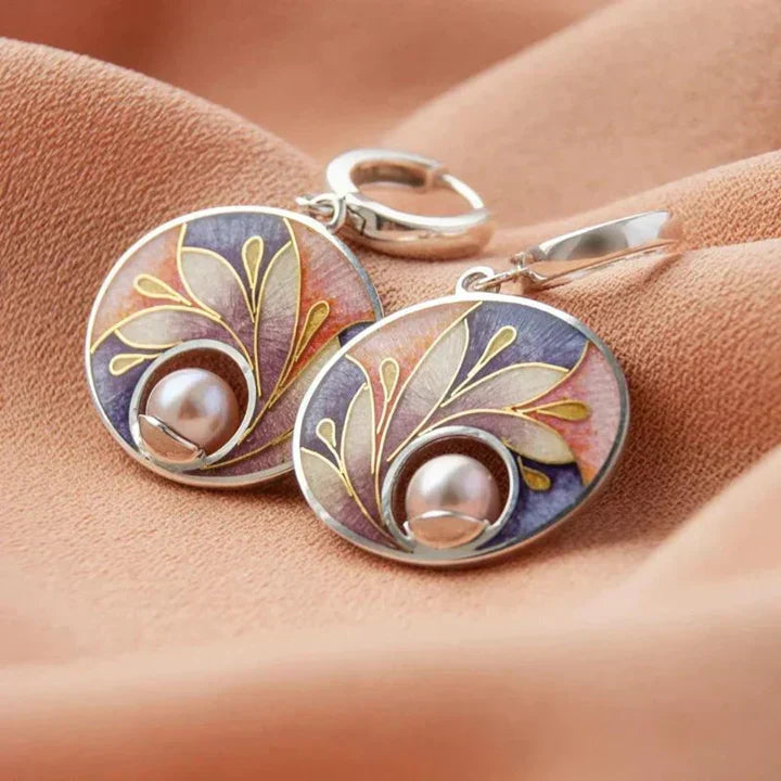 Botanical Enamel Drop Earrings with Pearl Centre in Purple & Blue