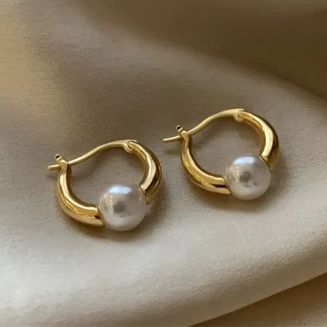 Pearl-Accent Hoop Earrings in Gold Tone
