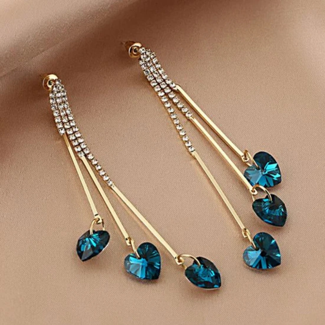 Heart-Shaped Blue Crystal Chandelier Earrings with Gold-Tone Accents