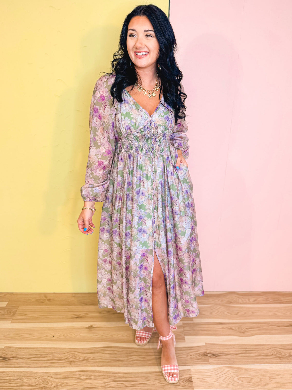 Tencel Floral Smocked Button Down Maxi Dress - Eucalyptus
