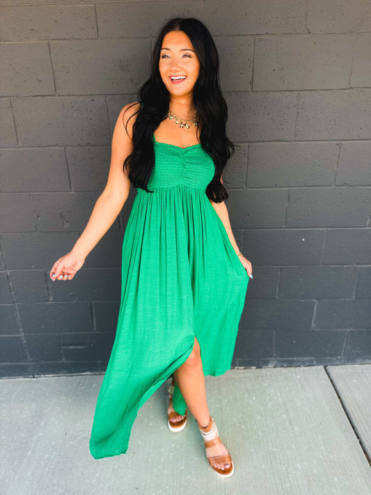 Ruffle Sleeve Front Slit Maxi Dress - Green
