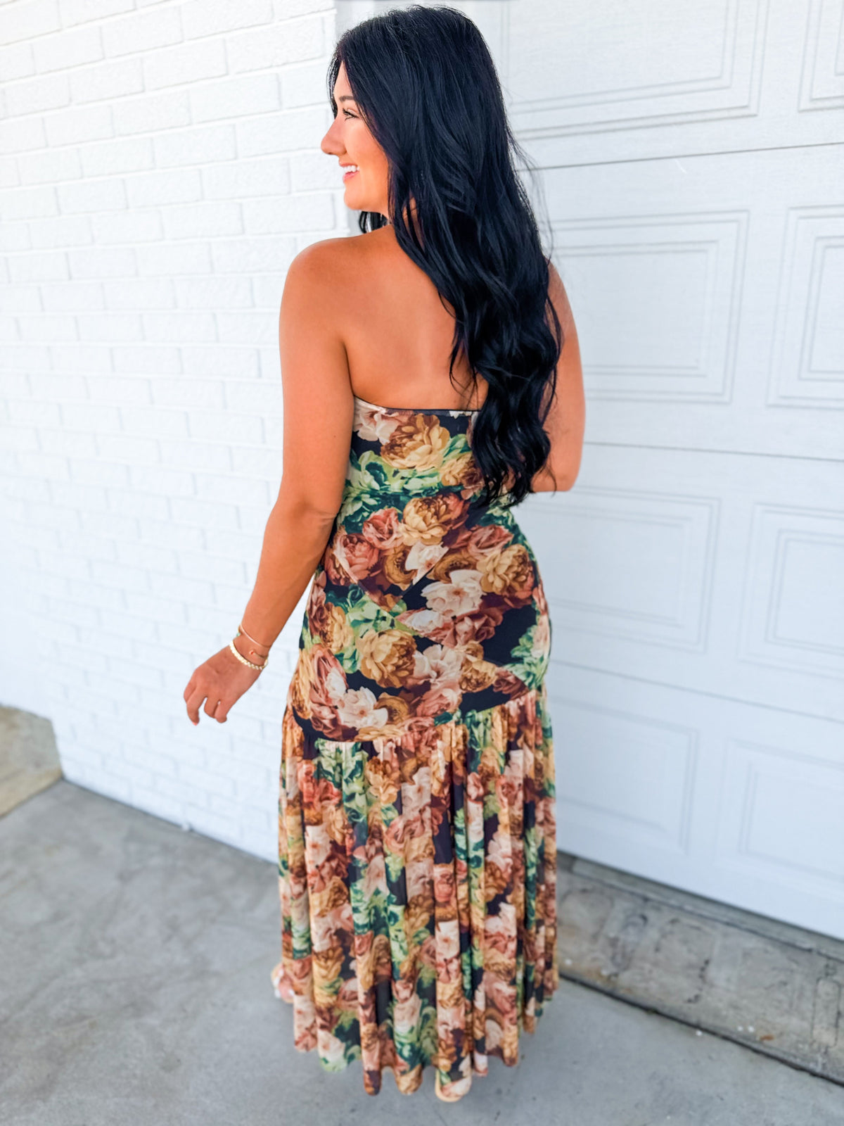 Floral Mesh Strapless Asymmetrical Maxi Dress - Black